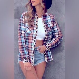 ASVIVID Plaid Tunic button up roll tab long sleeves leopard print accents size L